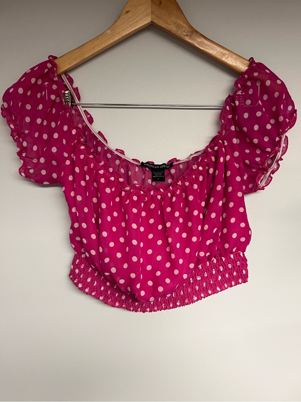 Y2K American Dream Hot Pink Polka Dot Puff Sleeve Crop Top